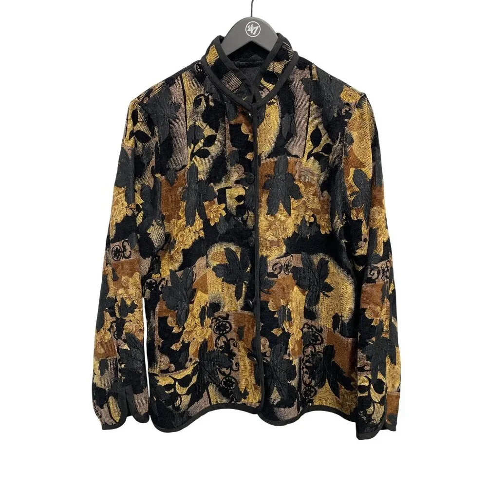 Coldwater Creek XL Reversible Jacket Floral Jaquard Button Brown Black Artsy